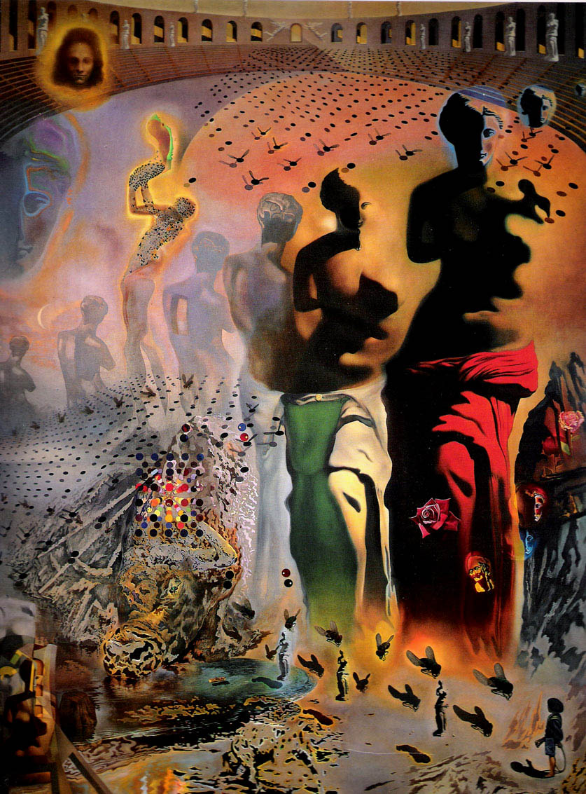 One of the painting's notable aspects is the use of visual illusions. The composition includes hidden images that can be seen from different perspectives, inviting viewers to explore the layers of meaning within the artwork. Dalí's fascination with the subconscious and his exploration of the human psyche are evident in this piece, which challenges perceptions of reality and invites interpretation. Overall, "The Hallucinogenic Toreador" is a testament to Dalí's mastery of surrealism and his ability to blend 